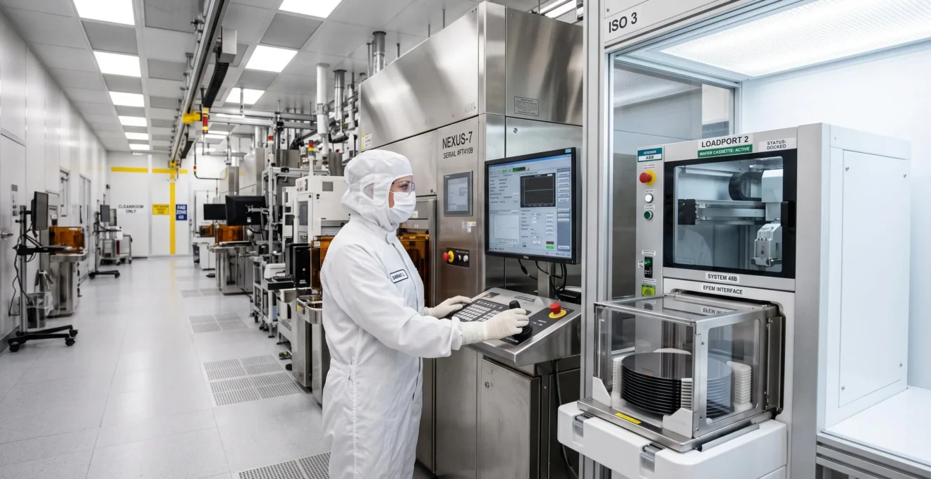 Cleanroom technician in white bunny suit operating semiconductor wafer processing equipment with visible EFEM loadport system in modern fab facility