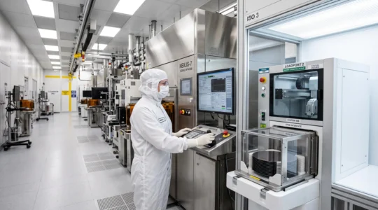 Cleanroom technician in white bunny suit operating semiconductor wafer processing equipment with visible EFEM loadport system in modern fab facility
