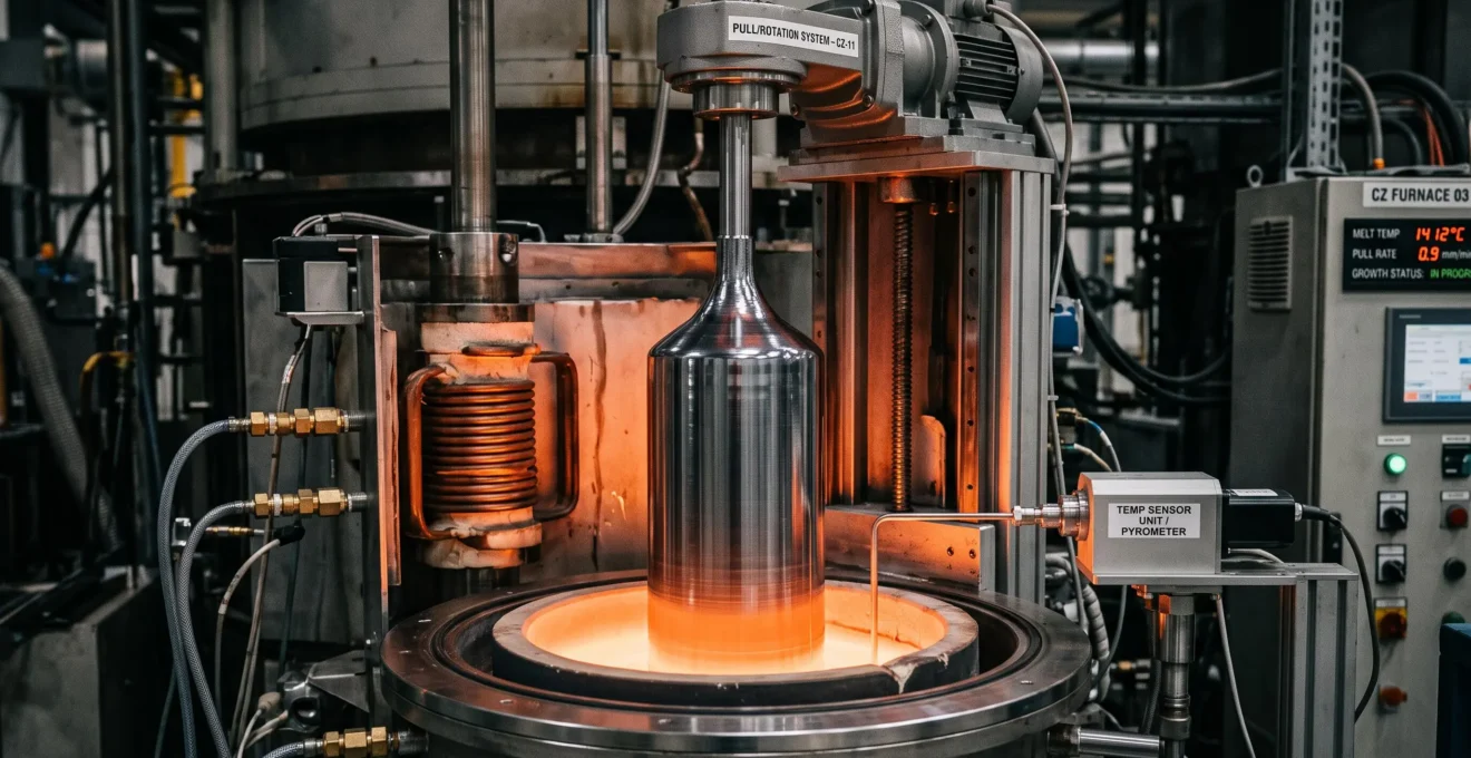 Czochralski crystal puller withdrawing a cylindrical single-crystal silicon ingot from glowing molten silicon crucible in industrial crystal growth facility