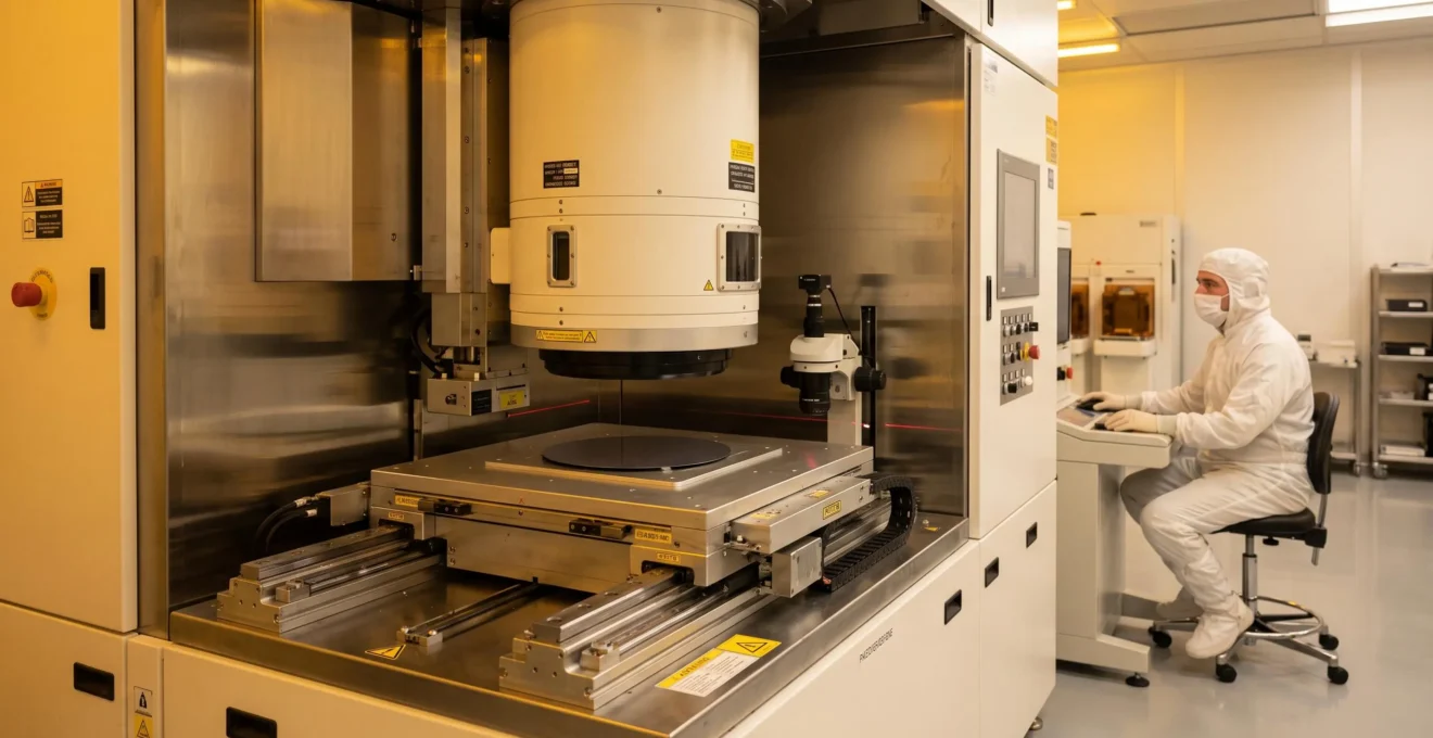 Photolithography stepper equipment with wafer positioned on precision stage beneath projection lens assembly in yellow-lit cleanroom with technician at control station